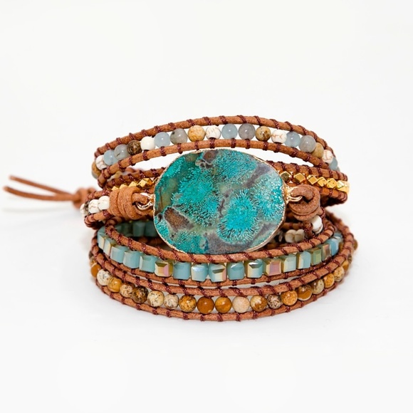 🎉 HP 🎉 Boho Genuine Jasper Leather Wrap Bracelet - Picture 2 of 3